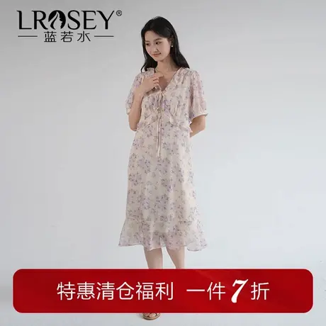 【高腰系带荷叶边V领碎花裙】蓝若水大码2025夏新款雪纺A字连衣裙图片