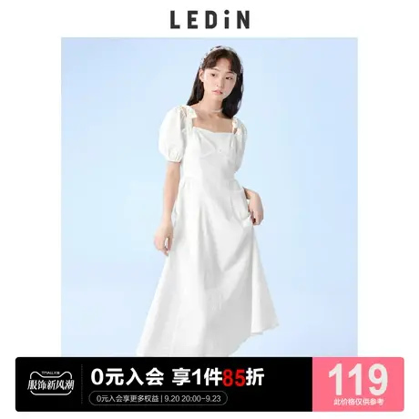 乐町设计感系带连衣裙重工全棉甜美2023春夏新女白色收腰长裙商品大图