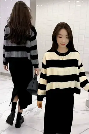 复古慵懒风短款小个子撞色条纹长袖毛衣女秋新款宽松百搭软糯上衣图片