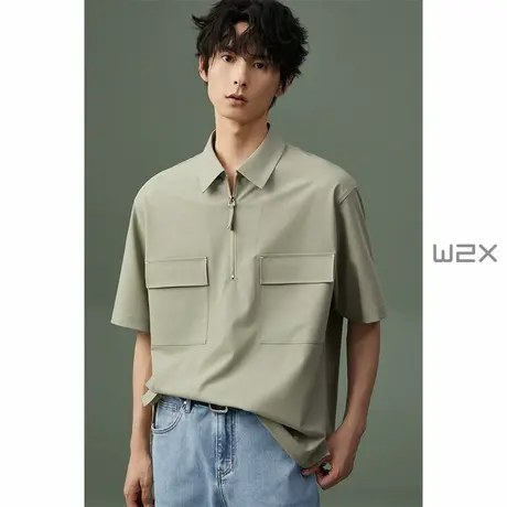 w2x2023夏季薄款轻奢短袖衬衫男设计感高级工装POLO领休闲衬衣潮商品大图