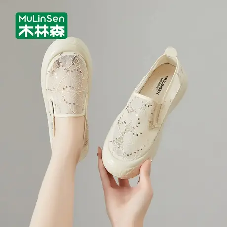 木林森女鞋夏季网面透气网鞋一脚蹬单鞋平底孕妇布鞋玛丽珍渔夫鞋图片
