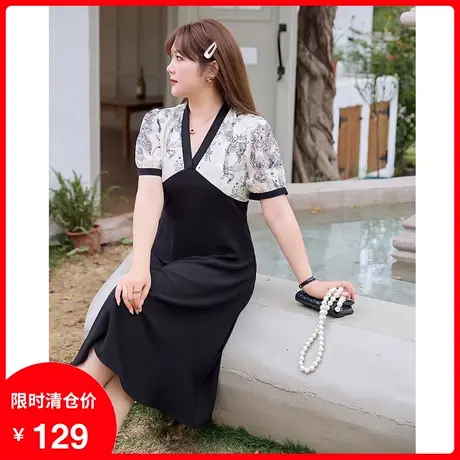 2023年夏装新款法式气质V领收腰显瘦大码胖MM长款碎花雪纺连衣裙商品大图