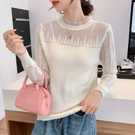 秋冬新款女士针织打底衫上衣拼接蕾丝镶钻时尚设计感半高领毛衣女图片
