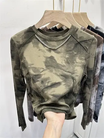 欧货扎染水墨画链条T恤女长袖2023早秋季新款圆领撞色设计感上衣图片
