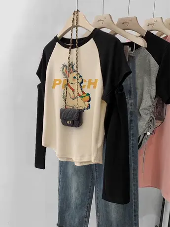 秋冬断袖设计感打底衫2023新款插肩长袖T恤女潮ins慵懒风内搭上衣商品大图