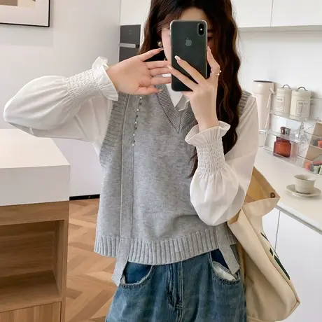 设计感飘带钉珠V领针织马甲背心女外搭春秋复古洋气宽松毛衣坎肩商品大图