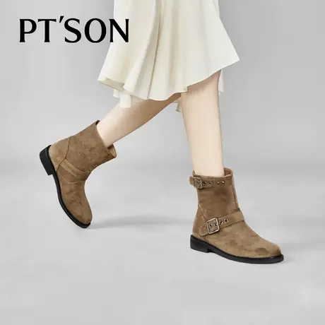 百田森复古西部牛仔靴女2024新款秋冬美拉德棕色短靴平底商品大图