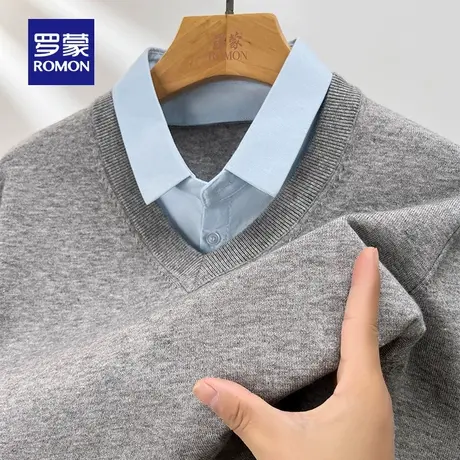 罗蒙男士时尚衬衫领假两件针织衫2025秋冬新款商务百搭休闲毛线衣商品大图