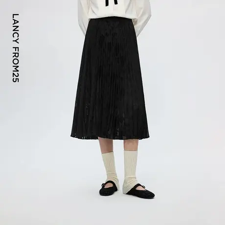 朗姿黑色典雅压褶半身裙女复古设计感纯色半裙2025年冬季新款图片