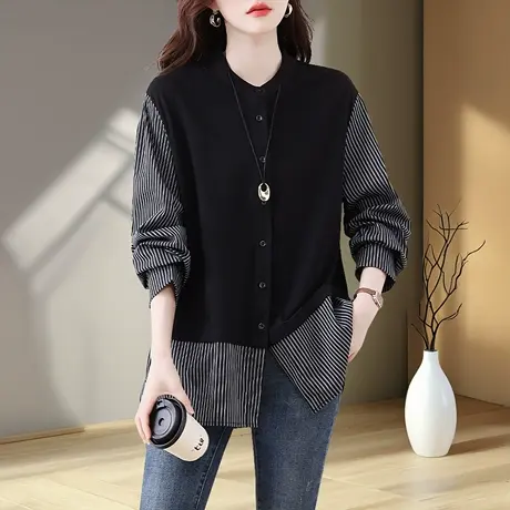 高级感早秋长袖衬衫女装遮肚子大码胖mm显瘦中长款遮屁股上衣洋气商品大图