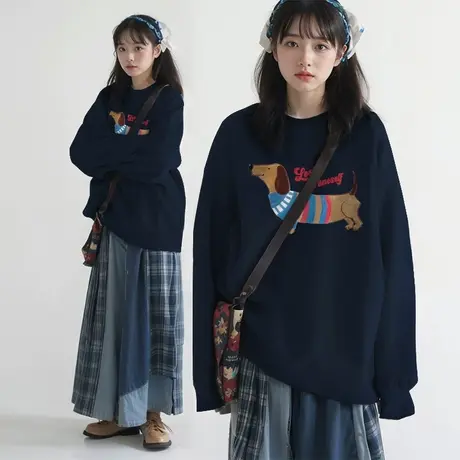 藏蓝色圆领卫衣女2025早秋新款无帽秋冬加绒加厚宽松外套超火上衣商品大图