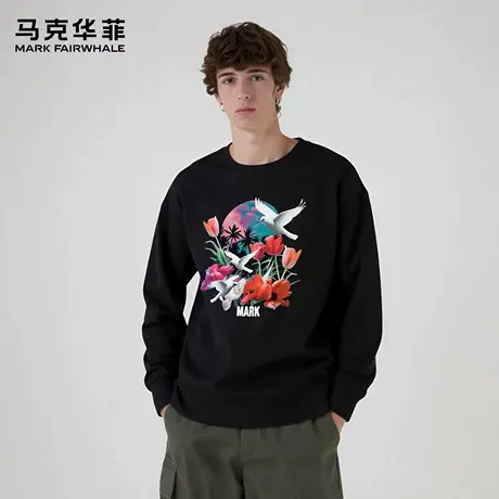 马克华菲 deer 潮流花鸟印花卫衣男女款秋季新款休闲百搭宽松上衣图片