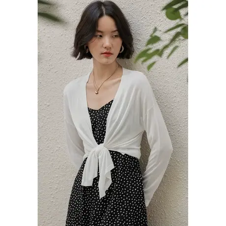 弥古白色莫代尔针织小开衫女夏季薄款绑带防晒披肩吊带裙外搭罩衫图片