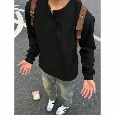 黑色美式亨利领卫衣男款秋季华夫格长袖t恤高级感痞帅内搭打底衫商品大图
