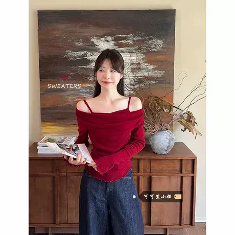 假两件露肩拼接长袖针织衫女秋季新款修身显瘦木耳边打底上衣ins商品大图