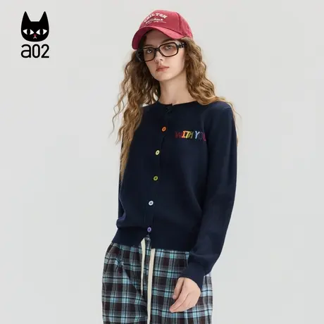 a02藏青色圆领毛衣女2025新款秋季宽松针织开衫外套通勤穿搭商品大图