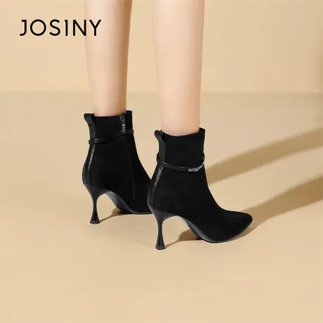 卓诗尼2025冬季新款时尚百搭休闲女款尖头侧拉链细跟短靴女图片