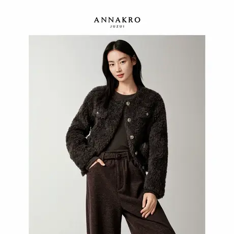 玖姿安娜蔻奢雅小香风100%羊毛颗粒毛短款外套女2025冬季新款商品大图