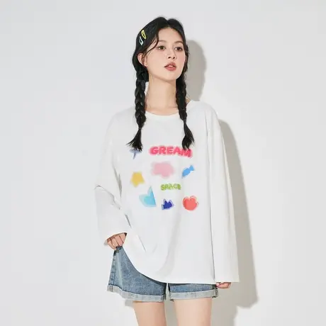 唐狮季新款女长袖T恤宽松圆领潮牌上衣休闲百搭内搭打底衫女TE图片