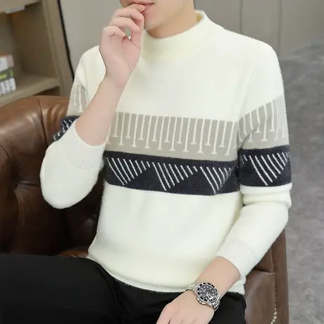 半高领毛衣男款2023秋冬季新款加绒加厚初中学生水貂绒打底针织衫商品大图