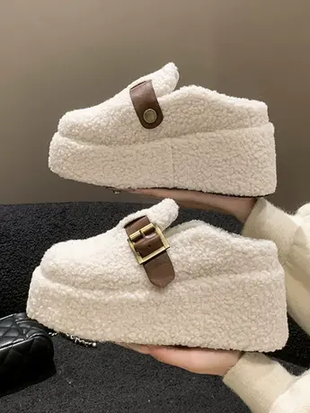 欧洲站厚底坡跟包头羊羔毛毛拖鞋女外穿2023秋冬新款高级感棉拖鞋商品大图