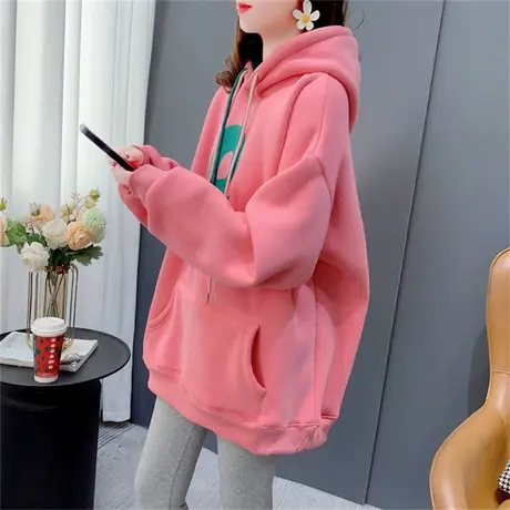 加绒加厚连帽卫衣女士2022年新款秋冬宽松慵懒风时尚洋气保暖外套商品大图
