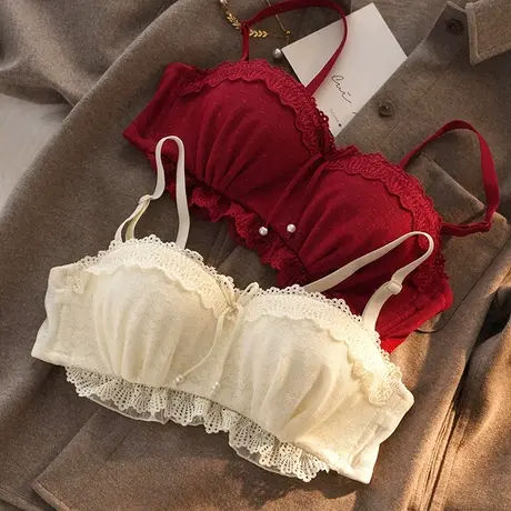 小胸聚拢内衣女无钢圈收副乳甜美蕾丝胸罩上托防下垂半杯文胸套装商品大图