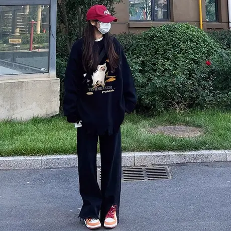 美式卫衣女款圆领设计感小众黑色上衣2023新款爆款秋冬季加绒外套商品大图