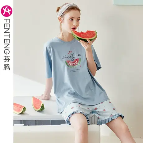 芬腾睡衣女夏季纯棉短袖薄款套装可爱甜美少女休闲宽松全棉家居服商品大图