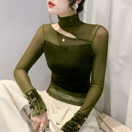 不规则网纱丝绒拼接上衣性感半高领镂空T恤女长袖时尚修身打底衫商品大图