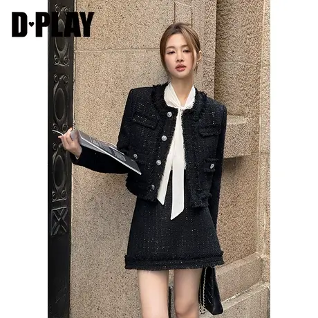 DPLAY2023冬黑金系列轻奢小香风黑色拉毛编织亮片粗花呢半裙图片
