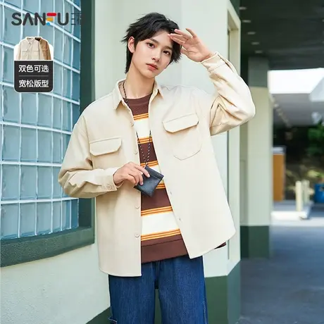 三福2023冬男士休闲双口袋灯芯绒长衬衫 宽松翻领外套男477979商品大图