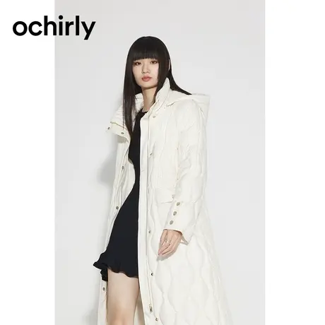 【七七酱专享】欧时力 小香长款羽绒服  新款冬连帽波浪裥线外套商品大图