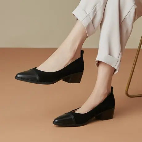 复古中跟尖头单鞋女时尚多材质牛皮羊皮拼接粗跟中跟女鞋舒适透气商品大图