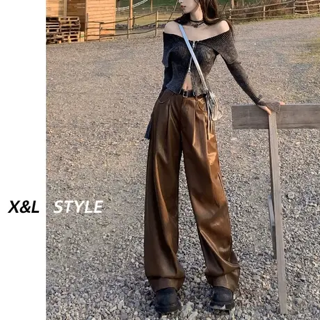 棕色美式辣妹阔腿裤女秋冬2023新款美拉德穿搭直筒PU皮裤休闲裤子图片