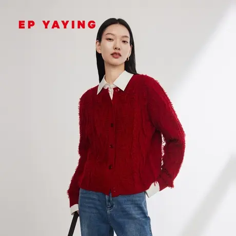 EP雅莹女装 绵羊毛山羊绒肌理感新年红轻暖毛衣 2023秋冬新9185A商品大图