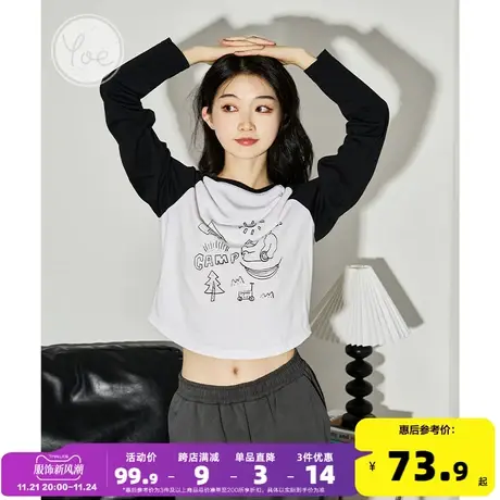 yoe印花撞色插肩袖长袖t恤女新款春装小个子纯棉内搭短款上衣女装图片