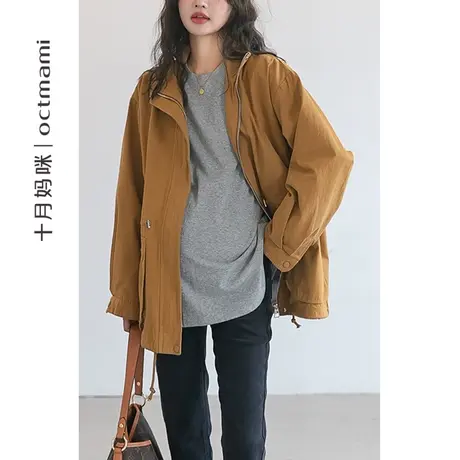 十月妈咪孕妇风衣工装风春秋外穿宽松大码怀孕期长袖翻领外套春装图片