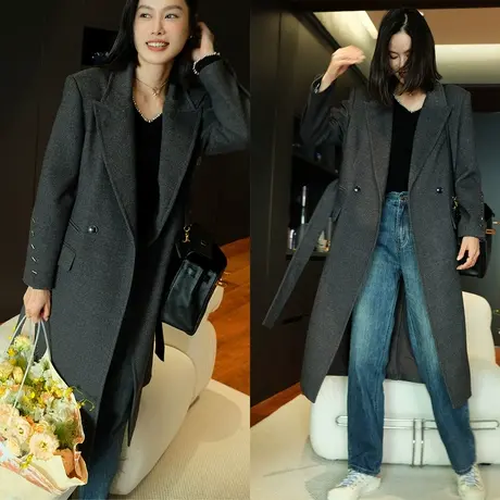 23秋冬新款女装复古高端系带修身显瘦金属袖扣羊毛女士大衣外套图片