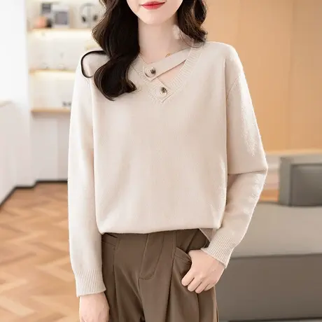 23123新款韩版宽松女士针织衫毛衣上衣V领套头长袖百搭打底衫商品大图