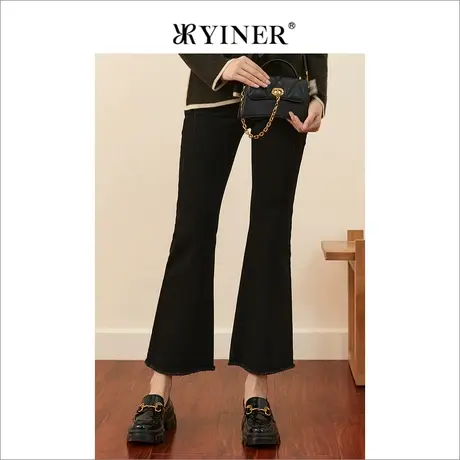 【音儿甄选】女装冬季高级感显瘦紧身微喇卷边牛仔裤商品大图