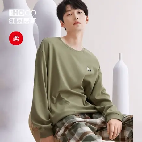 红豆【柔柔棉】男士睡衣纯棉套头长袖长裤春秋季家居服可外穿套装商品大图