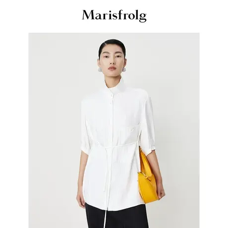 【6A桑蚕丝】玛丝菲尔2023年夏季新款白色立领灯笼袖宽松衬衫上衣商品大图