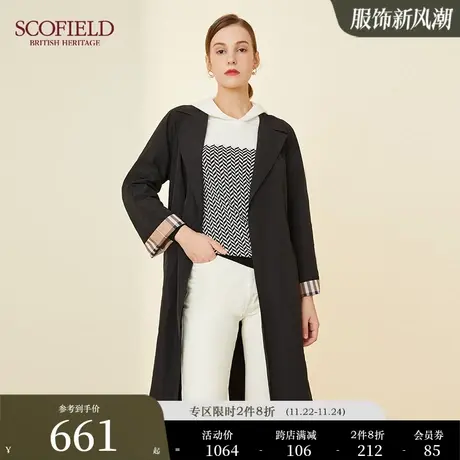 Scofield女装秋季轻薄英伦风设计感时尚收腰格纹中长款风衣外套商品大图