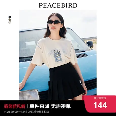 太平鸟美式复古兔子logoT恤女短袖撞色夏新款简约宽松圆领上衣潮图片