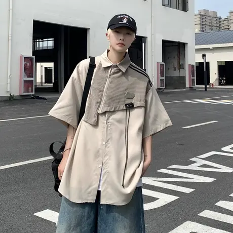 日系撞色拼接短袖衬衫男夏季设计感休闲工装半袖衬衣潮流情侣上衣图片