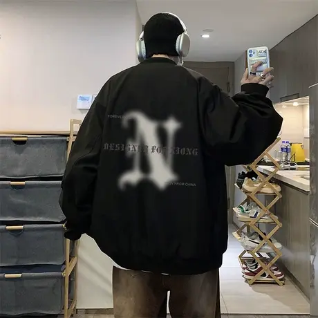 眩晕字母印花美式外套男春秋季拉链开衫潮流宽松棒球服休闲夹克衫商品大图