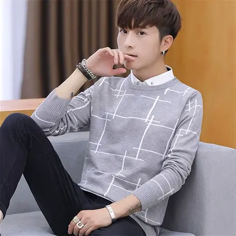 男士秋冬毛衣男韩版潮流拼接加厚男装针织长袖假两件套带衬衫领子商品大图