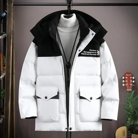 2023新款棉衣工装拼接拼色可脱去帽羽绒棉服男潮流加厚棉袄子外套图片