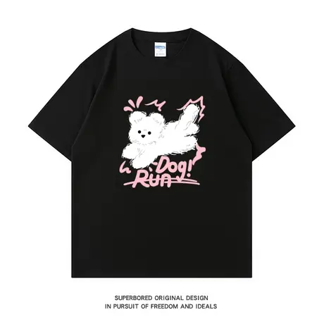 趣味卡通小狗印花纯棉短袖T恤男女纯棉宽松情侣潮牌ins半袖上衣商品大图